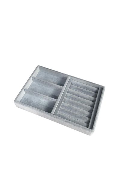 ÖZER KUTU Organizer Gray Suede Plate Necklace & Ring Organizer And Glasses Mini (3 Compartments) (ROLL) 14x22 Cm