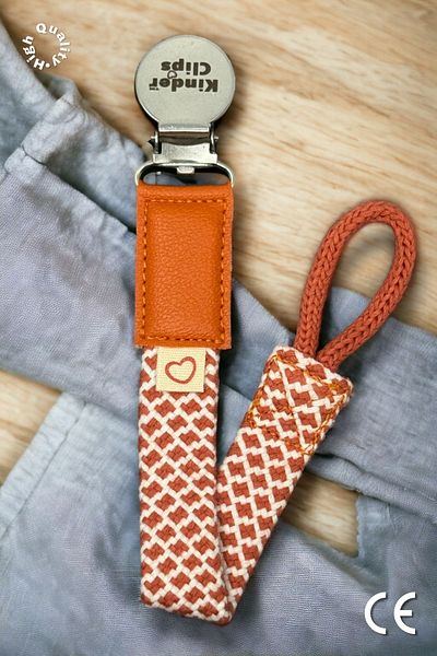 Kinder Clips Orange Stainless Steel Clip - Pacifier Strap - Washable Cotton Weave Stainless Steel Clip