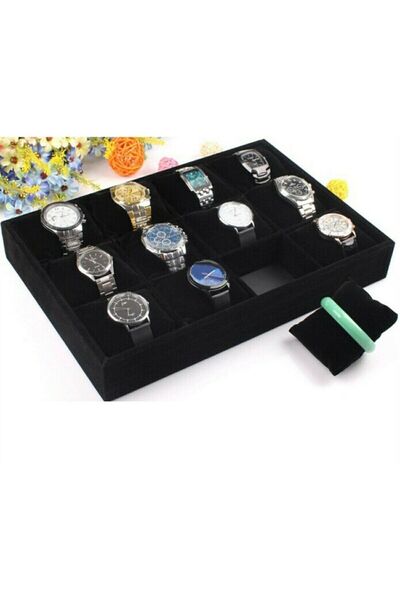 ÖZER KUTU 12 Li Saat & Kelepçe Yastıklı Masaüstü Kutu & Tabla Siyah Süet