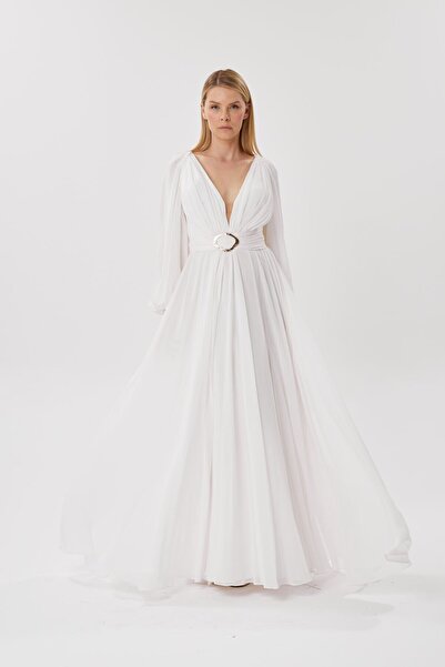 HaHelin Belden Kemer   Detaylı Şifon Uzun Abiye Elbise