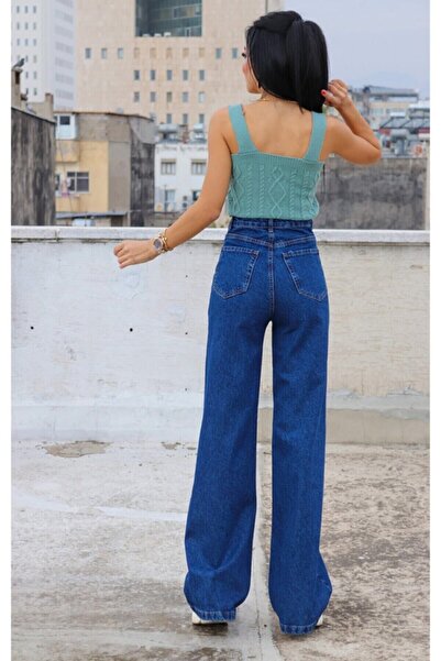 TRENDNATUREL Dark Blue 90's Orta Koyu Mavi Likralı Süper Extra Yüksek Bel Palazzo Salaş Jean Pantolon