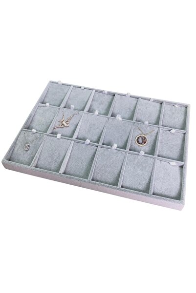 ÖZER KUTU Bölmeli Kolye Küpe Tablası Gri Süet 18'li ( Evalı) (25x35 Cm)