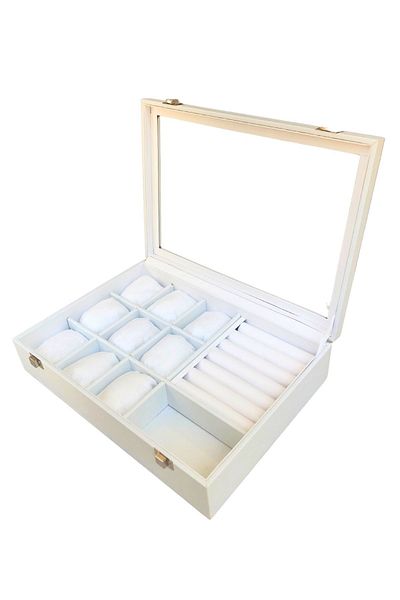 ÖZER KUTU Glass Covered Mix Padded & Roll & Compartmented Jewelry Table White Leather / White Inside