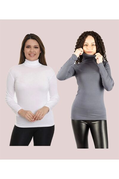 FATELLA Jerseu pentru femei cu mânecă lungă, model semi-rotund, din material elastic (pachet de 2)