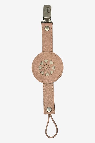 JMB Just My Baby Powder Pink Leather Pacifier Strap - Bidirectional and Heart Figure
