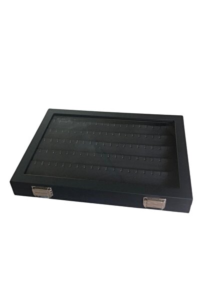 ÖZER KUTU Camlı Kapaklı Küpe -takı Tablası Siyah Deri / Içi Siyah