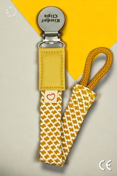 Kinder Clips Yellow Pacifier Hanger - Washable and Stainless Steel Clip - Cotton Weave Stainless Steel Clip