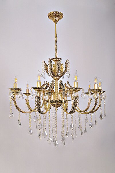 Avize çarşısı Merit 10 Kollu Yapraklı Kristal Taşlı Gold Avize Bs.0152-78-10