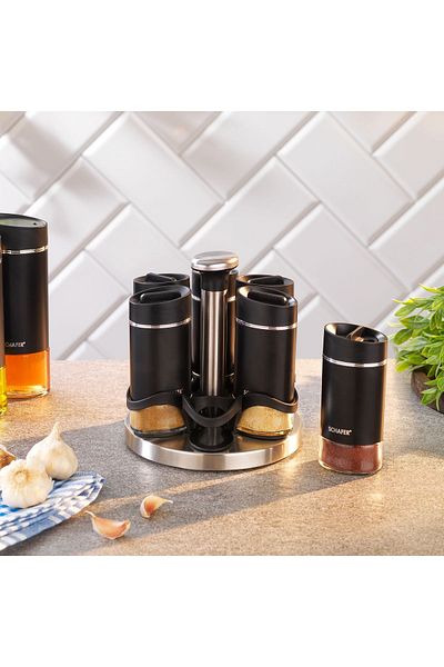 Schafer Silver Touch Spice Set with Rotating Stand 7 Pieces-black