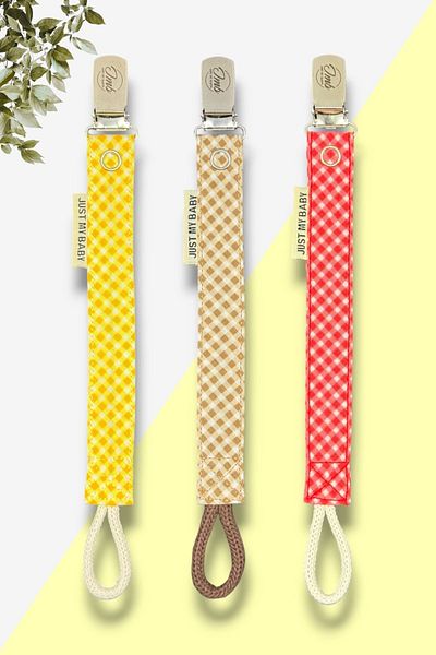 JMB Just My Baby 3-Piece Yellow/Red/Coffee Colored Cotton Pacifier Strap - Checkered and Washable
