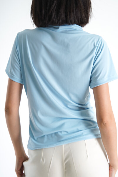 Moda Değirmeni Γυναικεία μπλε ντραπέ κοντομάνικη μπλούζα - BG1193-324-0002