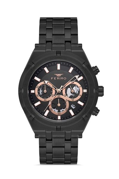 FERRO Men's Watch - Quartz Steel Black, 44 mm, Active Functions