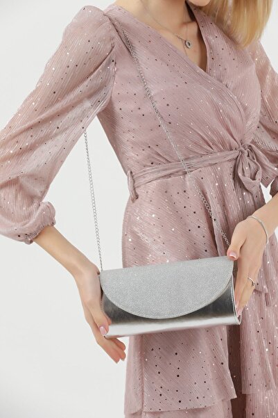 efnanstore Gümüş Simli Abiye Çanta Portföy Clutch Çanta