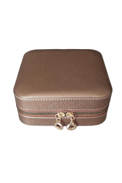 ÖZER KUTU Zippered Leather (Wooden Case) Medium Size Jewelry, Travel and Jewelry Bag, Box Copper (15x15 Cm)
