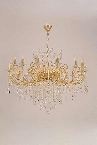 Avize çarşısı Ramada Fiskiyeli 16 Kollu Kristal Taşlı Limon Sarı Avize