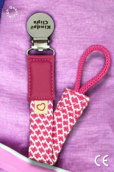 Kinder Clips Pink Pacifier Holder - Washable and Stainless Steel Clip - Cotton Weave Stainless Steel Clip