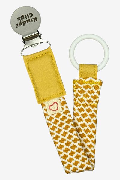 Kinder Clips Yellow Pacifier Hanger - Stainless Steel Clip - Washable Cotton Weave - Stainless Steel Clip - O Ring