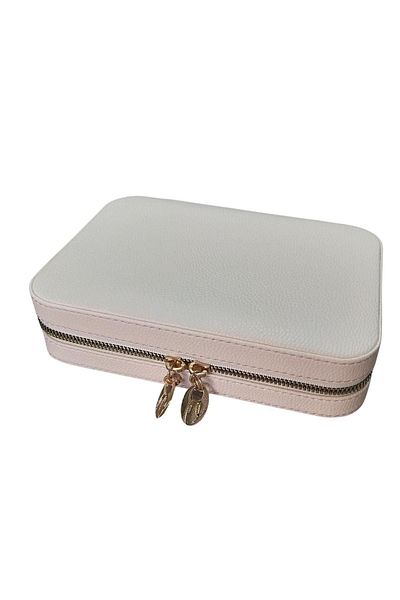 ÖZER KUTU Zippered Leather (Wooden Case) Large Size Jewelry, Travel and Jewelry Bag, Box Cream(14x21 Cm)