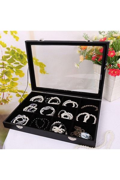 ÖZER KUTU 12 Compartment Jewelry Table with Glass Lid Black Suede
