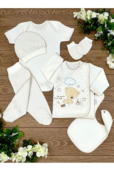Renkli Puset 6-Piece Organic Cotton Baby Hospital Discharge Set - Bear, Rabbit and Speckle Detailed