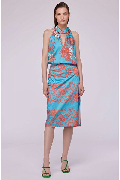 Berr-ın Desenli Halter Yaka Turkuaz Bluz