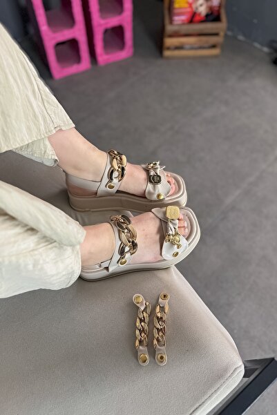 SHOEBELLAS Shan Beige Women's Sandals with Gold Buckle - Removable Change
