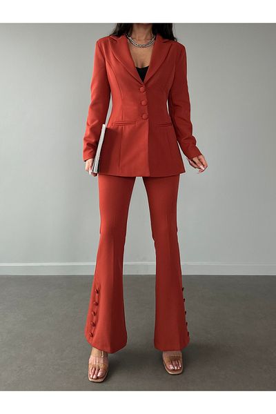 Female Clothing Flexible Tile Fleto Blazer Jacket and Belted Flare Leg Pants Suit