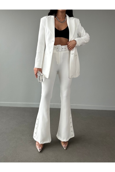 Female Clothing Stretch Fabric - Buttoned White Blazer Jacket and Belt Flare Leg Trousers Suit