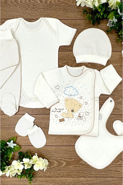 Renkli Puset 6-Piece Organic Cotton Baby Hospital Discharge Set - Bear, Rabbit and Speckle Detailed