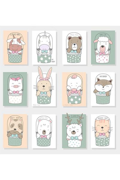 LikyaDükkan 12 Pieces Sweet Animals Gift Card Sweet Animals Gift Cards