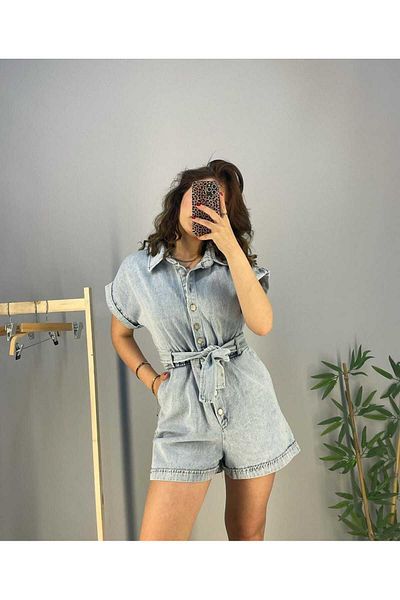 BelezaStore Pantaloni scurți din denim Salopetă Albastru deschis Mini