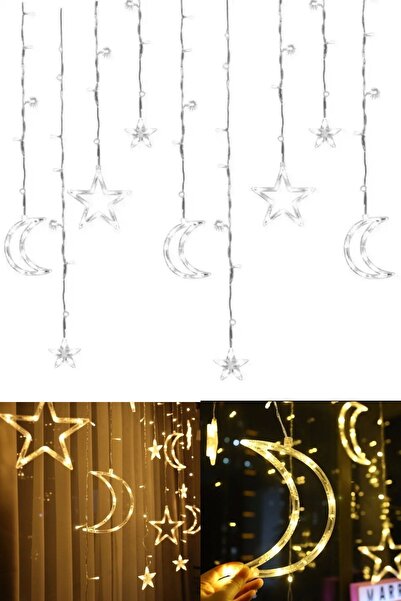 TUTYAKALA Sarkıt Saçaklı Ay Yıldız Perde Led Işıklar Animasyonlu - Parti Ev D...