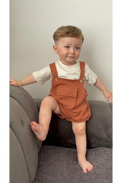 Babexi Waffle Fabric Pocket Detailed Summer Baby Boy Overalls/Suit with Snap Fasteners on the Bottom