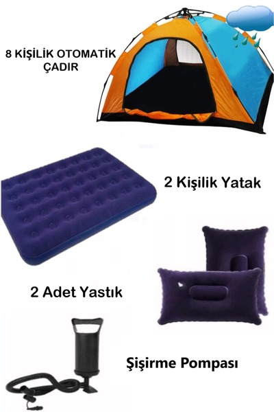 Realx 8 Kişilik OTOMATİK Kamp Çadırı Çift Kişilik Yatak ve Yastık Şişirme Pompası Hazır Kamp Seti