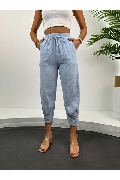 Elif Özbey Butik Blue Muslin Leg - Pleated Baby Trousers