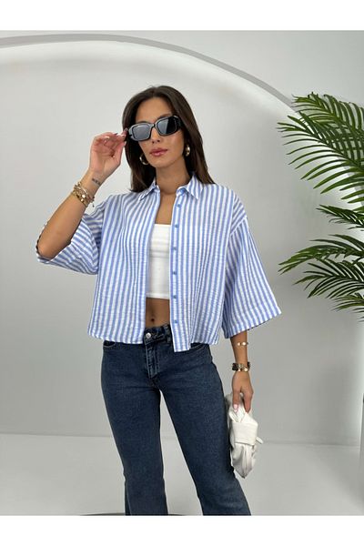 Elif Özbey Butik Cămașă casual din in - Design cu dungi albastre