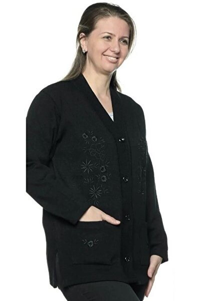 YASEŞA BUTİK Anne Kadın Genç Büyük Beden Düğmeli Nakış Detaylı Cepli Siyah Çe...