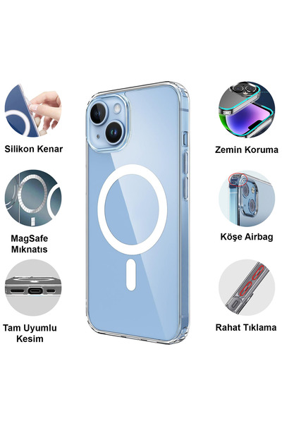 CEPSTOK Apple iPhone 14 Plus Magsafe Wireless Şarj Özellikli Şeffaf Kılıf