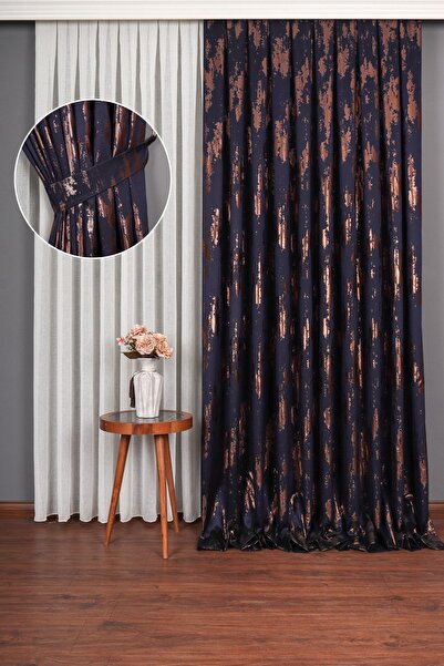 Perdelit Lacivert Bakır Jakar Dokuma Fon Perde Takım Kanat 2 Adet (1/3 Sık Pile)