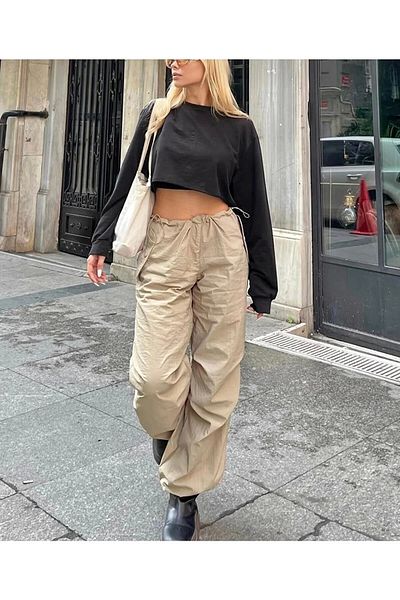 Gofeel Beige Tactical Style Fabric Baggy Loose Fit Elastic Waist and Leg Detailed Oversize Trousers