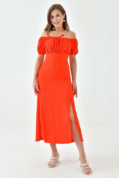 WOMAN VISION Motiv cu flori de rodie - rochie midi roșie cu șanțuri și fante 104