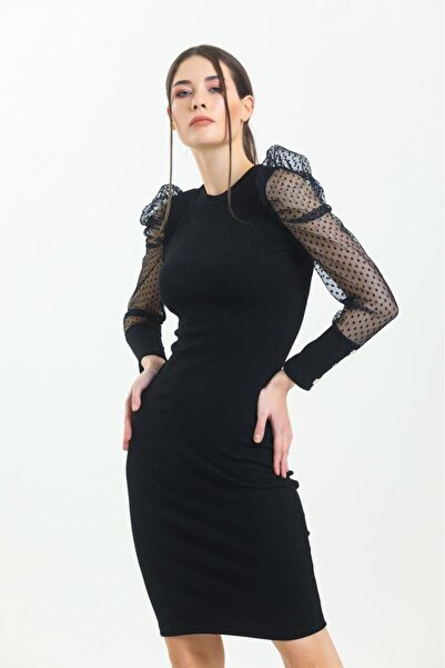 cool lock Dámské černé tylové šaty s rukávy a knoflíky
