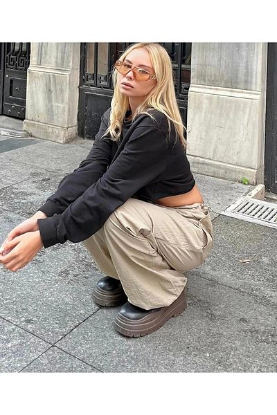 Gofeel Beige Tactical Style Fabric Baggy Loose Fit Elastic Waist and Leg Detailed Oversize Trousers