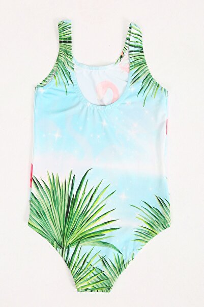 FırsatYeri Girls' Swimsuit Blue Green Flamingo Pattern Comfortable Quick Dry Swimsuit Sea Pool Beach Swimsuit