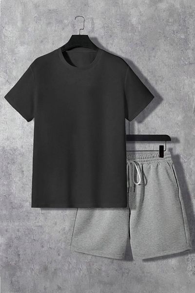 EFFRENATU Unisex Oversize Μαύρο T-shirt και σορτς Σετ - Crew Neck