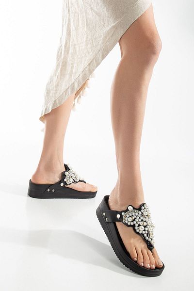 OLA Flip Flops Pearl Stone Patterned Women's Slippers - Black