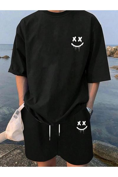 EFFRENATU Unisex Oversize Μαύρο μπλουζάκι και Σετ σορτς - Crew Neck