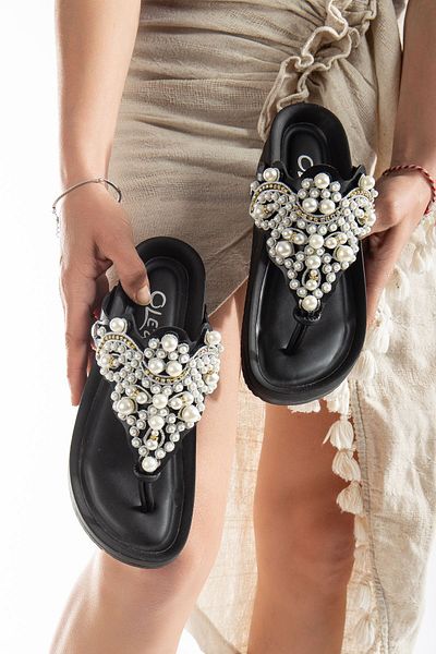 OLA Flip Flops Pearl Stone Patterned Women's Slippers - Black
