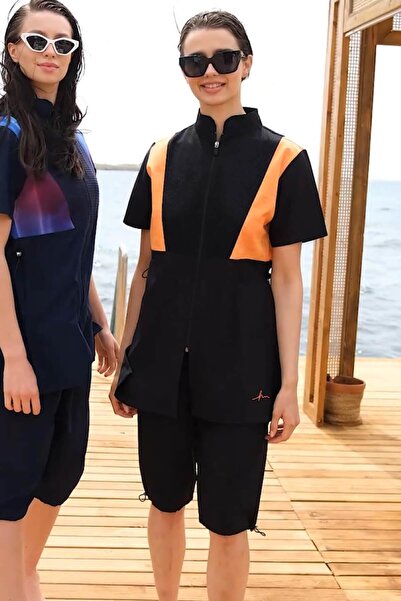 Haşema Kısa Kollu Turuncu Siyah 4 Parça Yarı Kapalı Havuz Mayo Takımı 5002