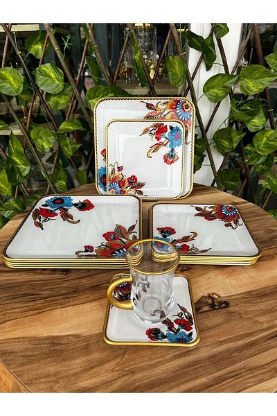 B&M 24 Piece Breakfast Set - White Floral Pattern and Square Handles